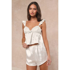 Lulus Keona Ivory Satin Lace Ruffled Two-piece Pajama Set White - Size S